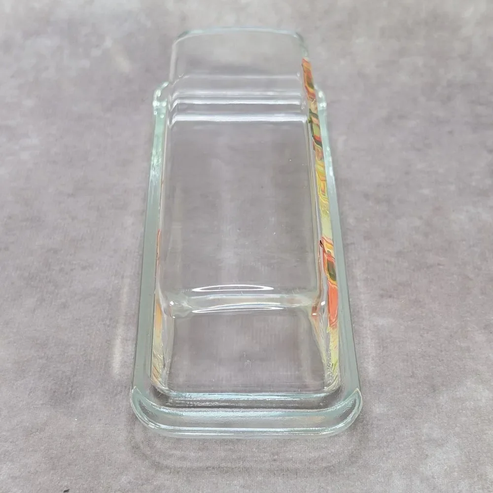 Vintage Mid Century Hand Painted Glass Butter Dish Covered Lid Abstract Art